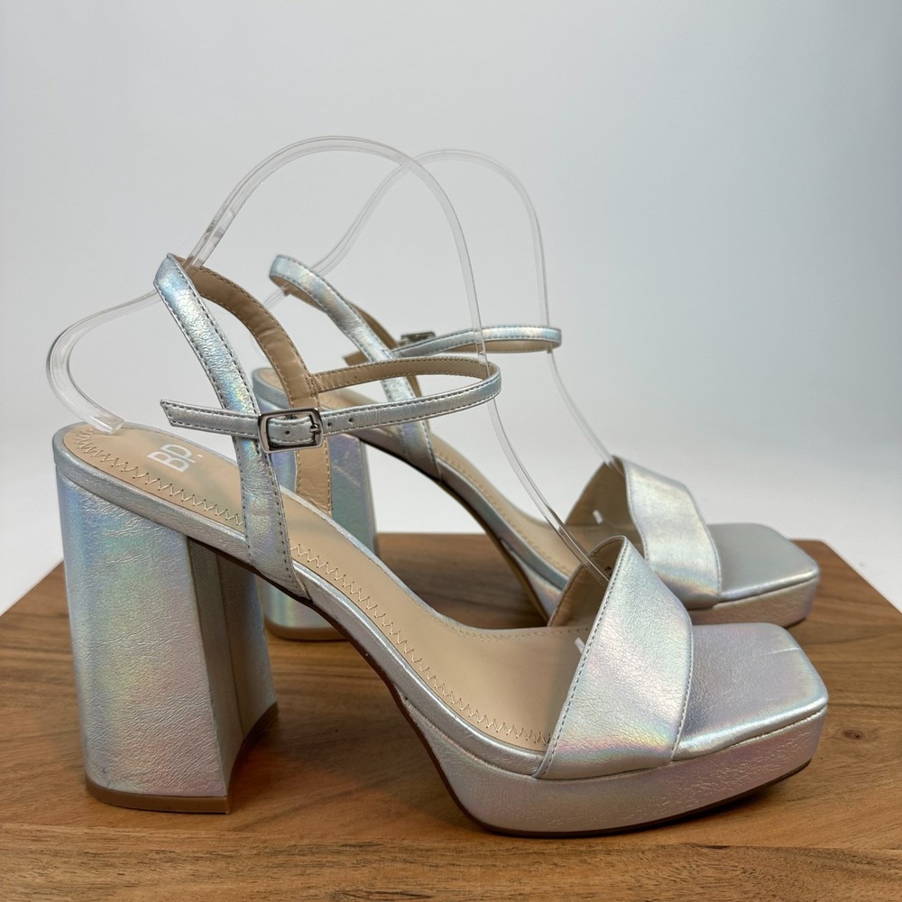 Womens BP Noella Silver Metallic Strappy Formal Block Heels Sandals Size 11 GUC